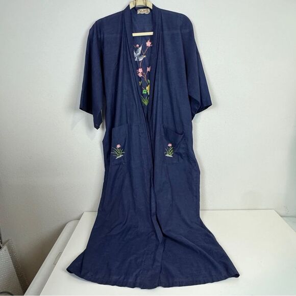 Vintage Chinese Blue Kimono Robe Floral Bird Embroidery 70s - Picture 2 of 9